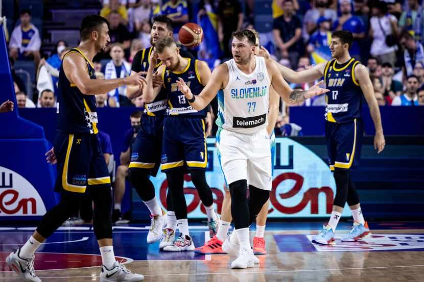 Luka Doncic reacts to a call during Slovenia's loss to Bosnia and Herzegovina on Sept. 4,...