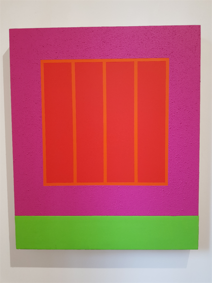 Peter Halley's "Magenta Prison," a 2001 work featuring Day-Glo, Roll-a-Tex and acrylic on...