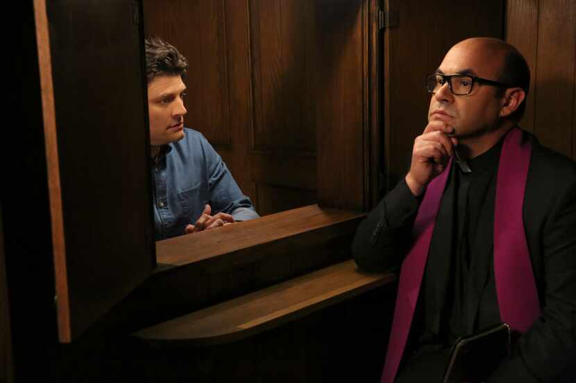 Jay R. Ferguson as Chip and Ian Gomez as Father Gene in "Living Biblically."