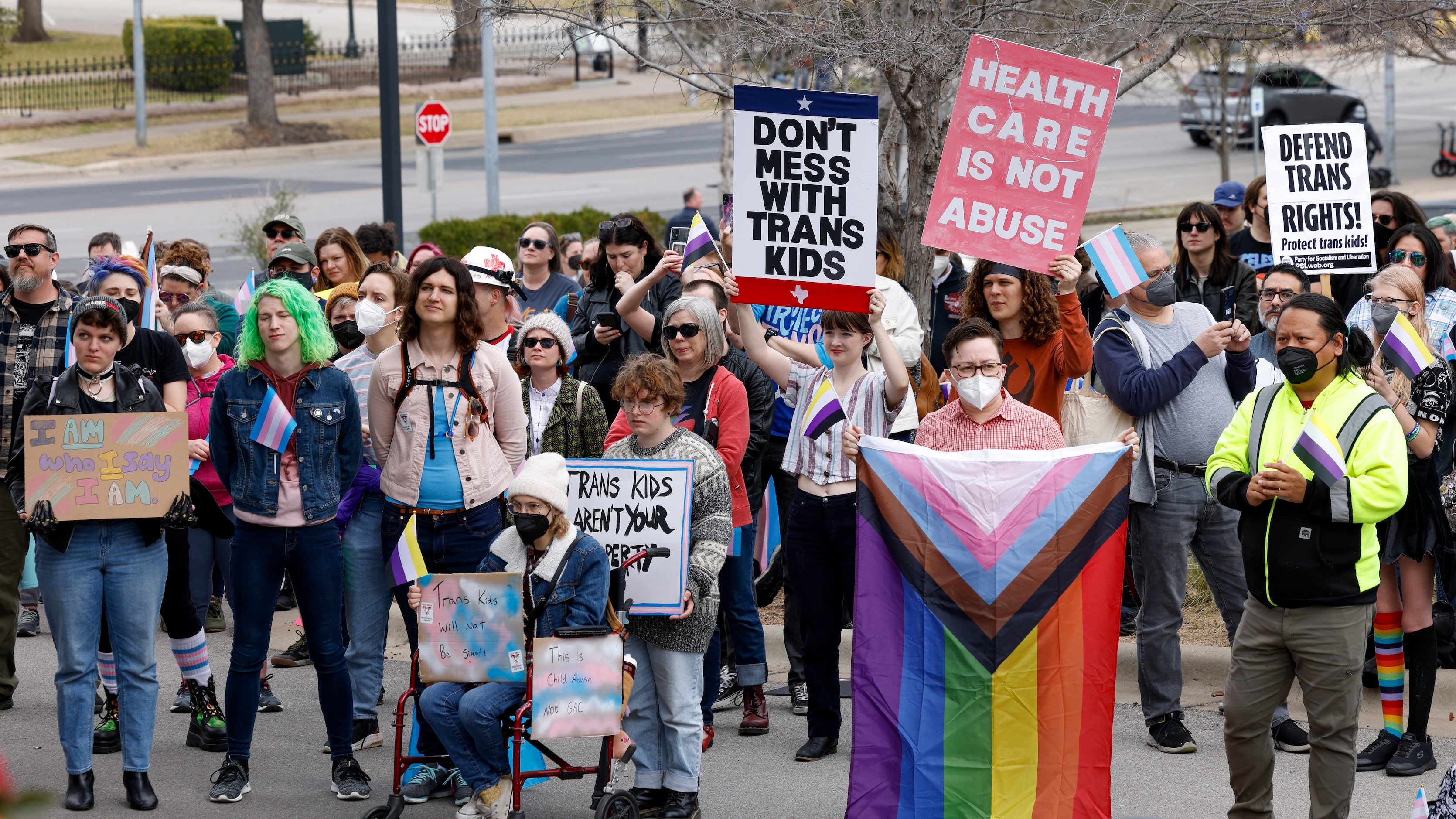 Attendees hold signs and carry flags as they listen to a speaker during the "Trans Kids Cry...