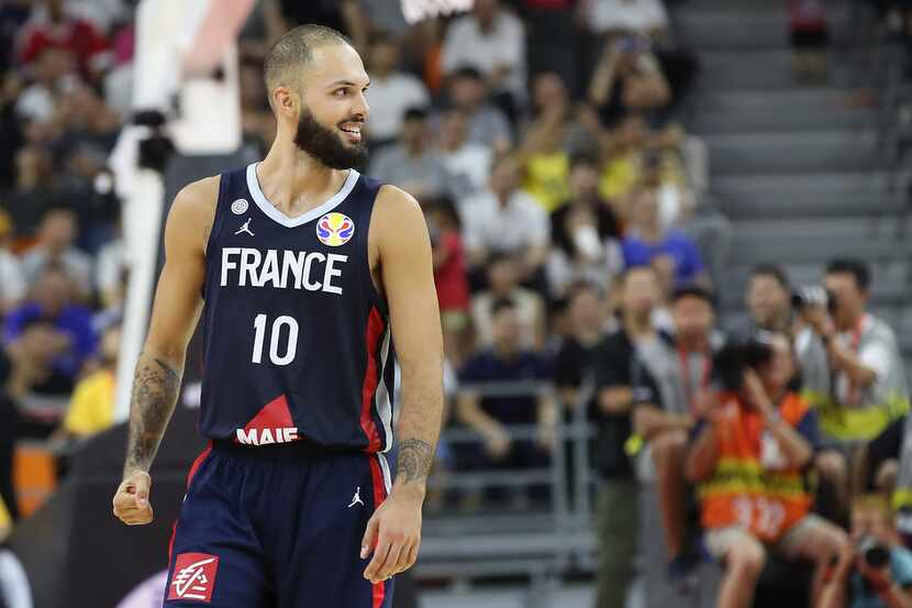 DONGGUAN, CHINA - SEPTEMBER 11:  Evan Fournier #10 of France celebrate after their team's...