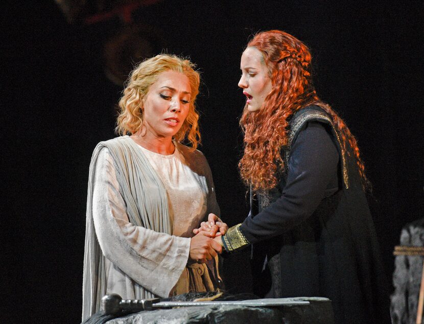 Marina Costa-Jackson (Adalgisa) and Elza van den Heever (Norma) in dress rehearsal for the...