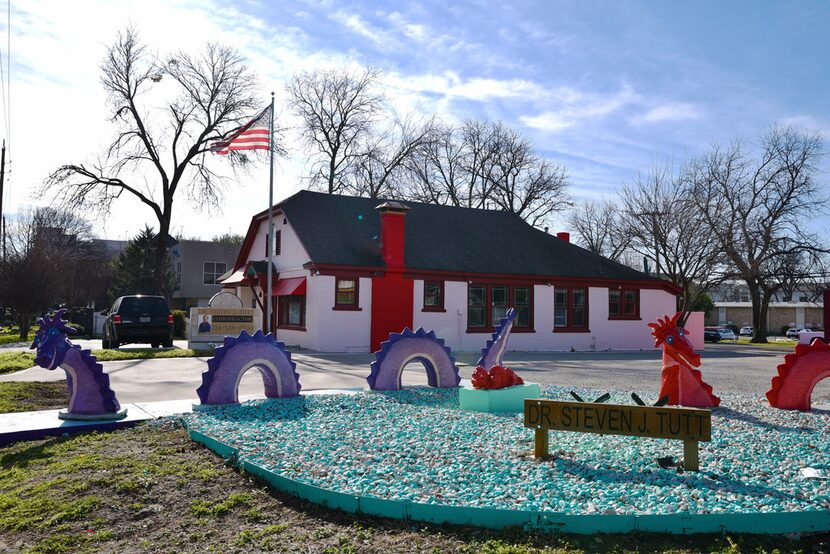 Dr. Steven Tutt's dragons outside of his office at Cedar Springs Chiropractic in Dallas,...