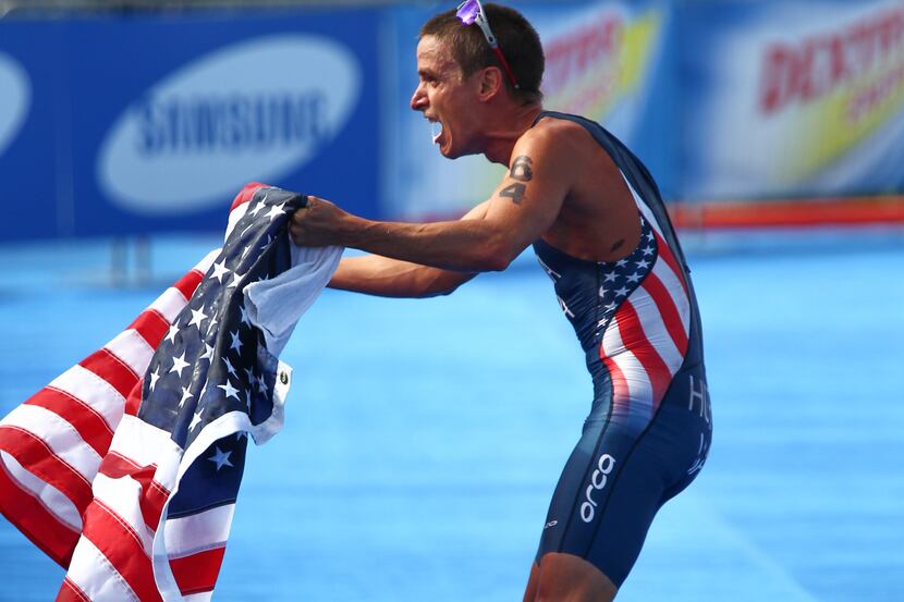 In this photo released by the International Triathlon Union, Cuban-born Manuel Huerta, who...