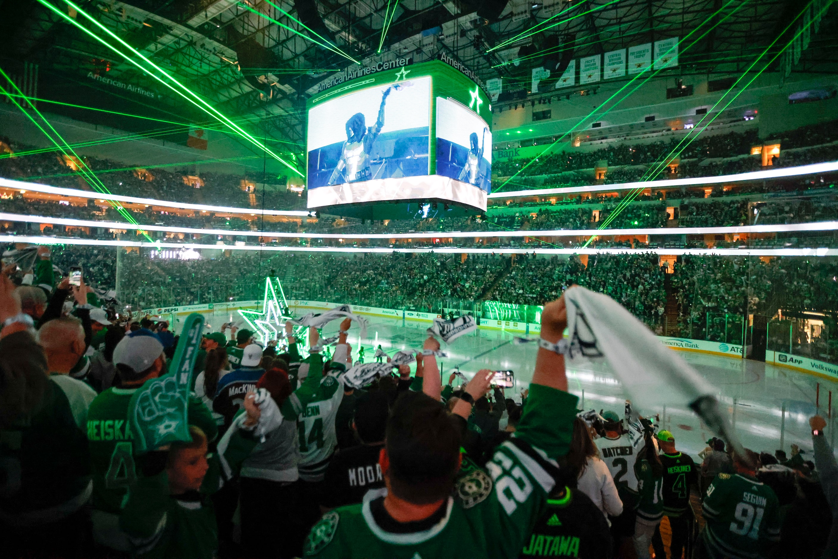 Dallas Stars fans cheer ahead of Game 2 of an NHL hockey Stanley Cup second-round playoff...