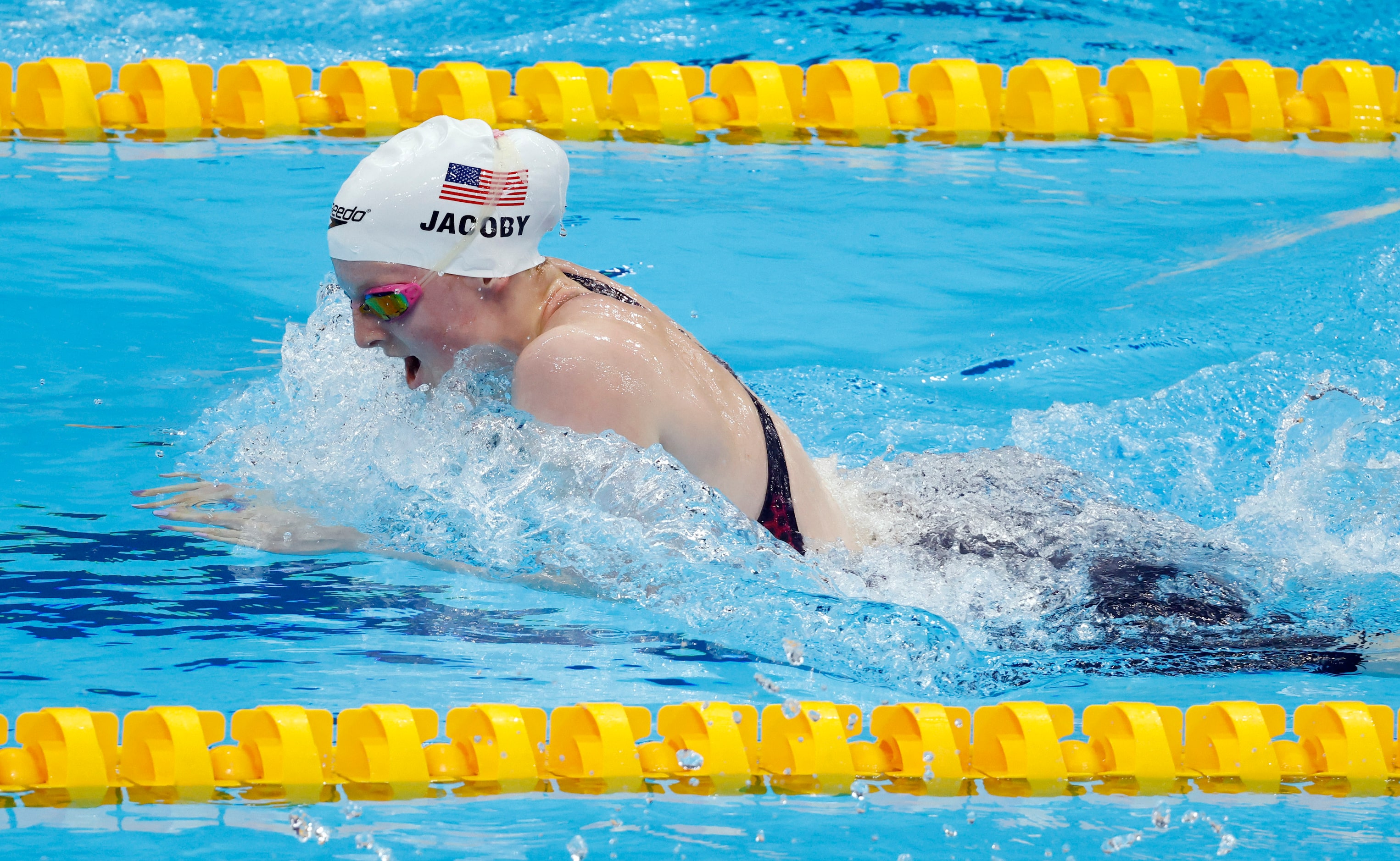 USA’s Lydia Jacoby competes in the women’s 50 meter breaststroke at a swim qualifying event...