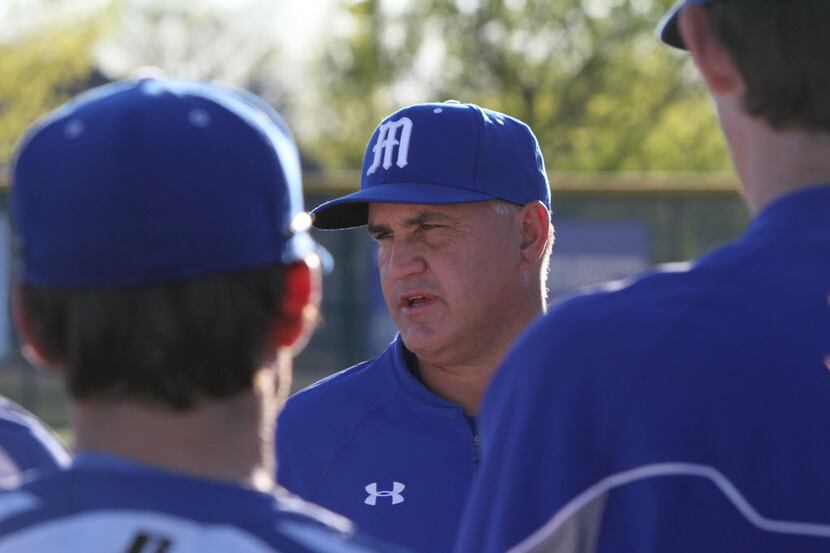 Midlothian Panther Baseball head coach Ray Hydes speaks with his team just prior to the...