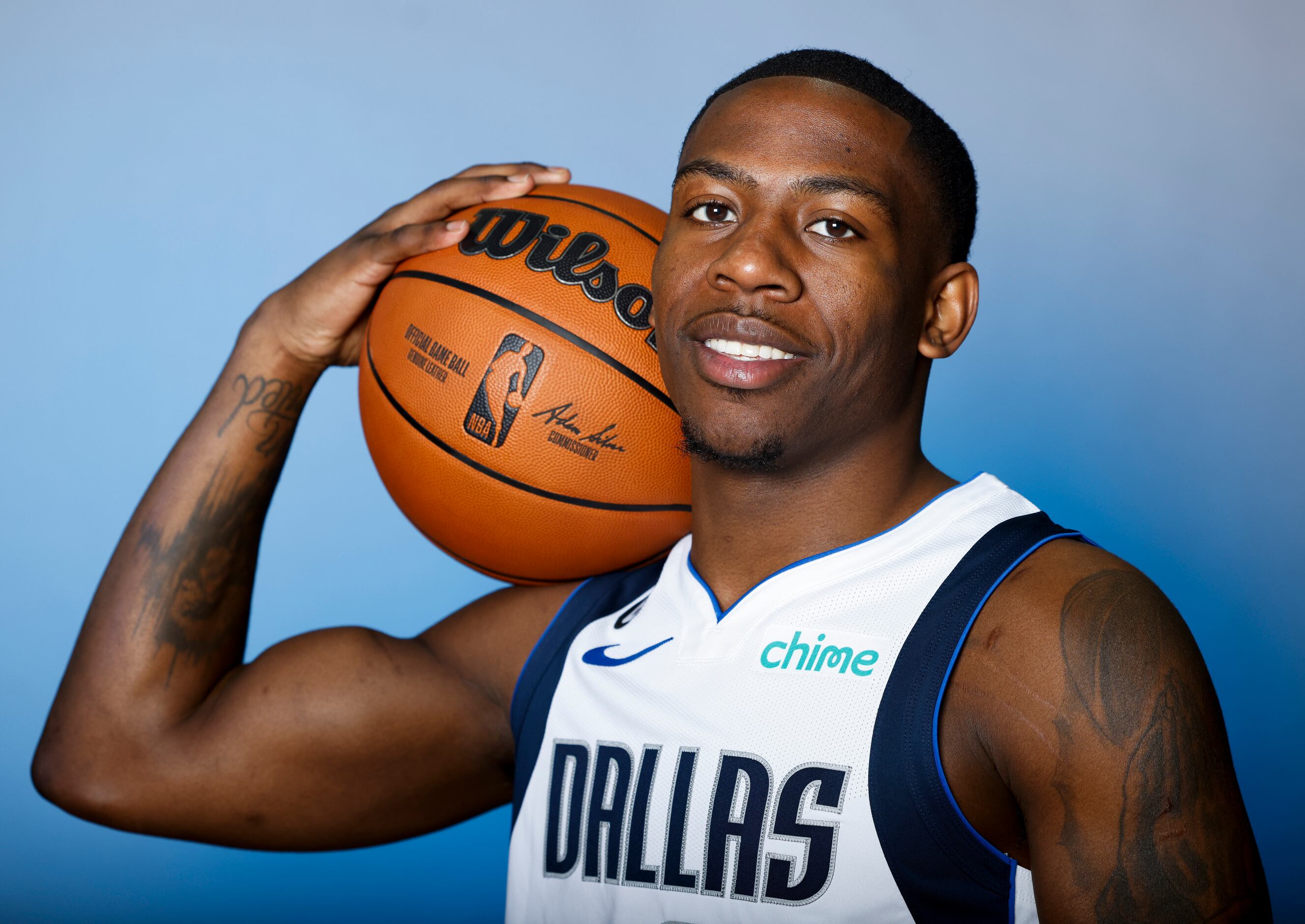 Dallas Mavericks’ McKinley Wright IV is photographed during the media day at American...