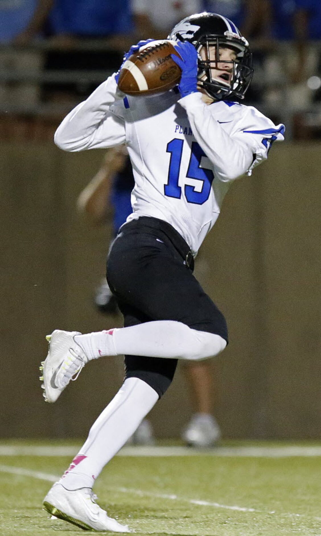 Plano West High School wide receiver Jakson Webb (15) got behind the Plano secondary in the...