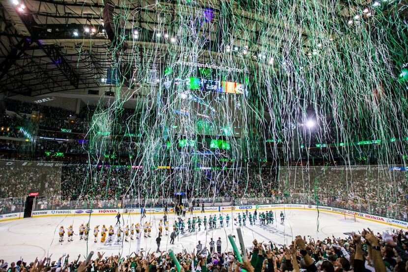 Dallas Stars fans celebrate after winning Game 6 of the first round of Stanley Cup Playoffs...