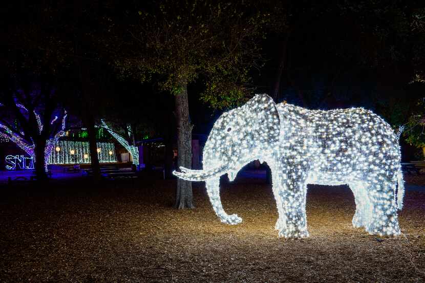 A light display in the shape of an elephant is seen along the side of the route during...