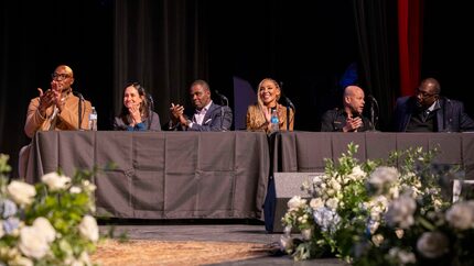 (From left) Former Cowboys defensive end DeMarcus Ware, Stephanie Zapata Moore, executive...