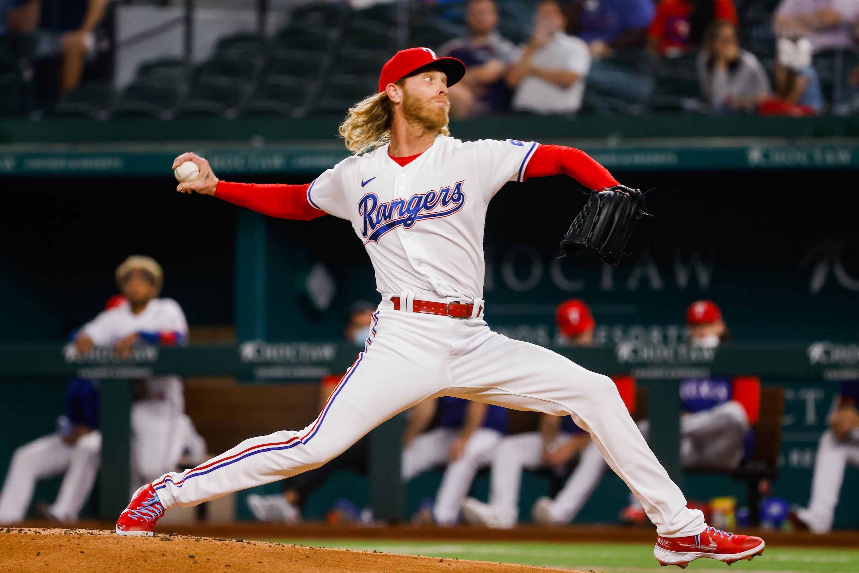 Texas Rangers starting pitcher Mike Foltynewicz (20) pitches to the Los Angeles Angels...