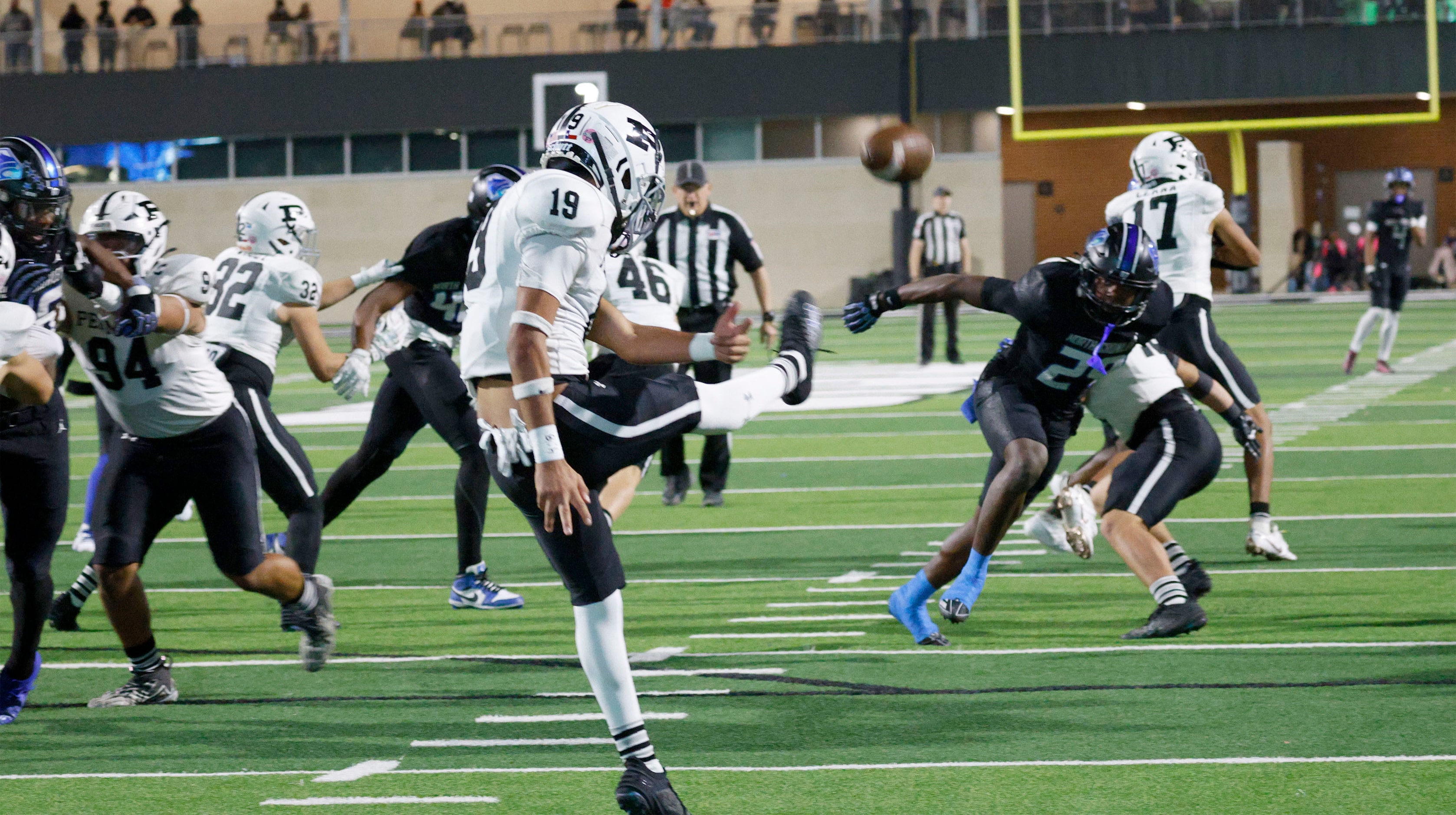 Permian's Aiden Medina (19) attempts a field goal against North Crowley in the first half of...