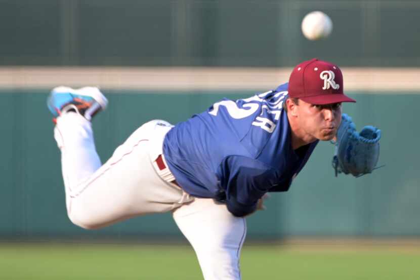 Frisco RoughRiders pitcher Jack Leiter (22) pitches during a minor league baseball game...