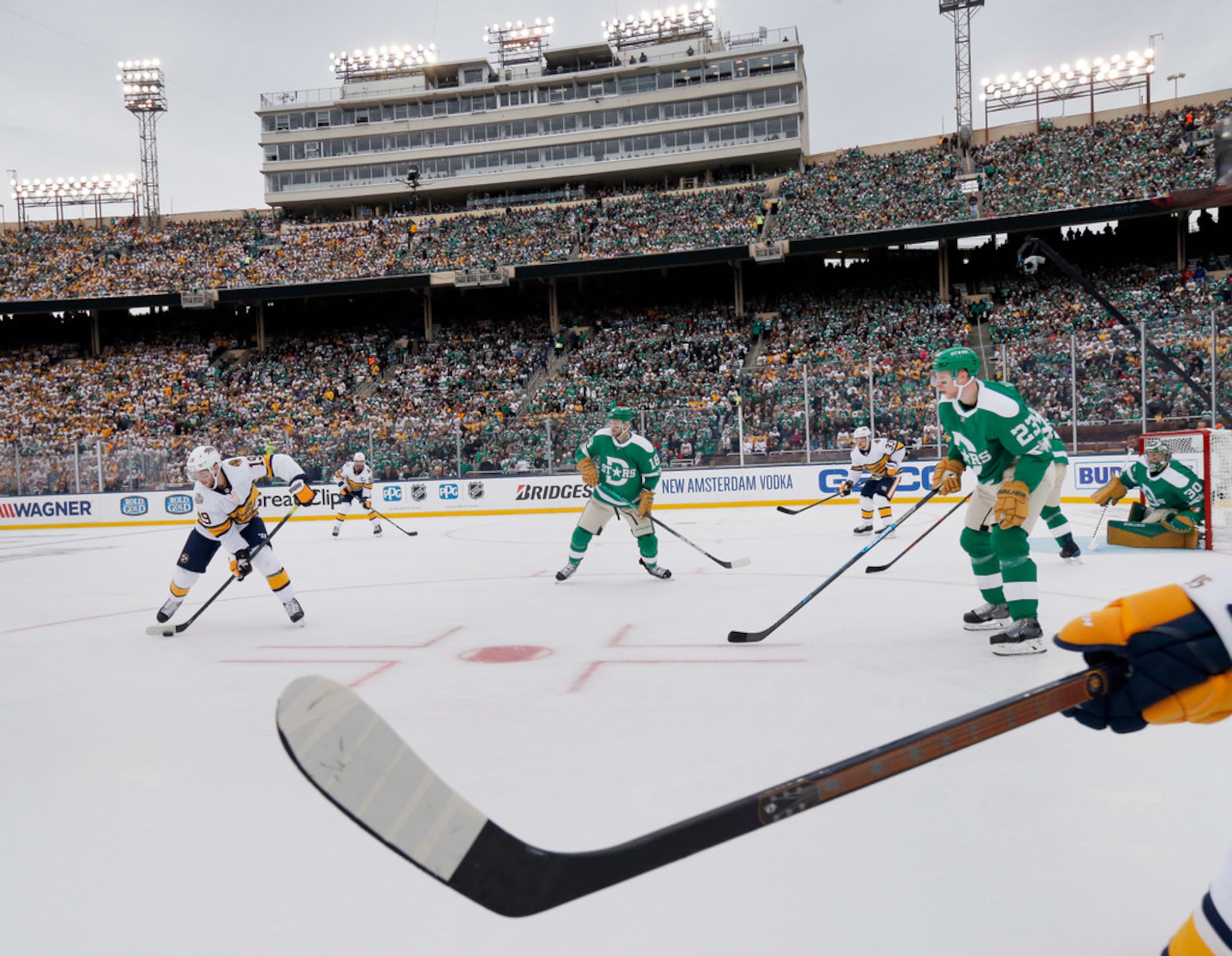 Nashville Predators center Calle Jarnkrok (19) looks to pass against the Dallas Stars during...