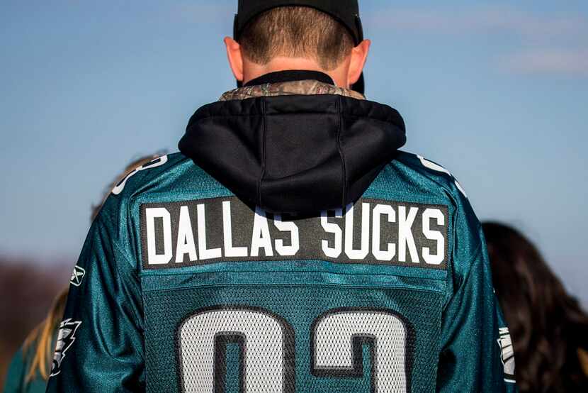 A Philadelphia Eagles fan wears a jersey expressing his feeling about the Dallas Cowboys...