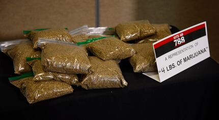 Bags of oregano sit on a table as a representation of what four pounds of marijuana would...