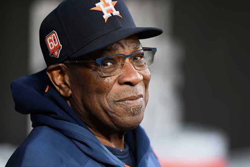 Houston Astros manager Dusty Baker Jr. in the dugout before playing the Baltimore Orioles in...