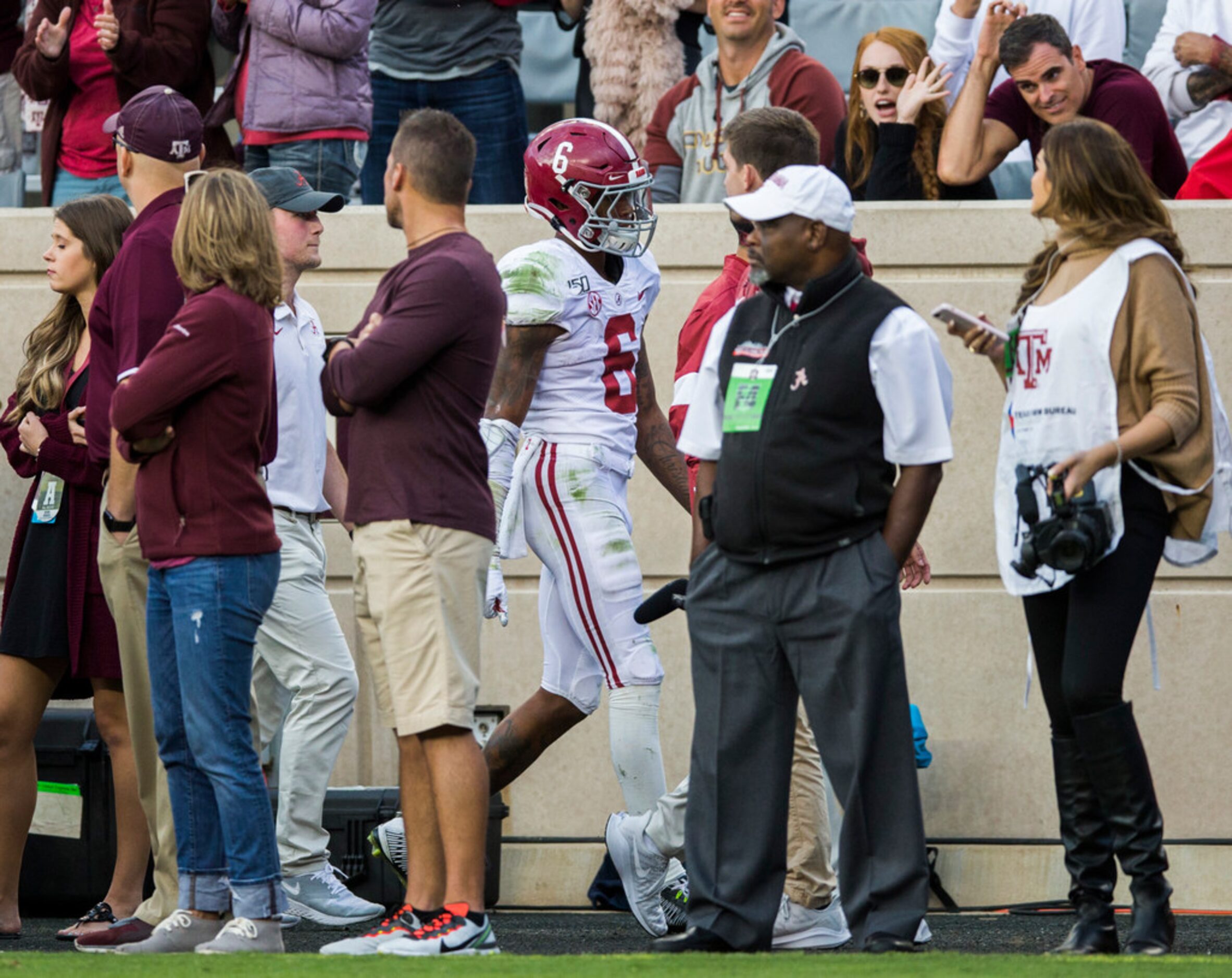 Alabama Crimson Tide wide receiver DeVonta Smith (6) leaves the field after being ejected...