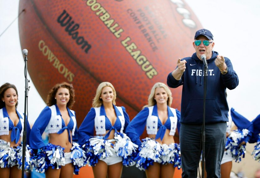 Dallas Cowboys owner and general manager Jerry Jones welcomes the crowd before the afternoon...