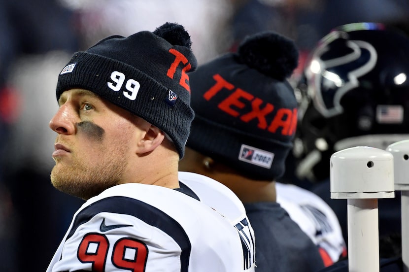 KANSAS CITY, MISSOURI - JANUARY 12:  J.J. Watt #99 of the Houston Texans looks on from the...