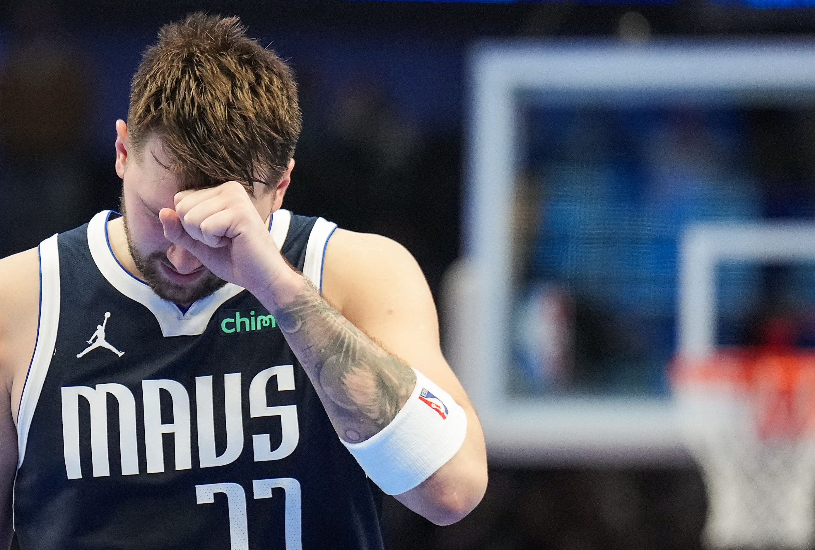 Dallas Mavericks guard Luka Doncic reacts after a play during the second half of an NBA...