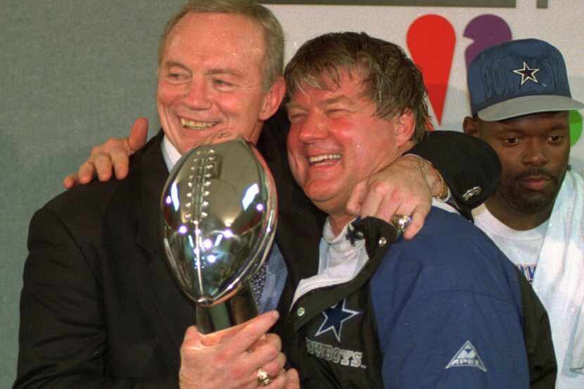 FILE - In this Jan. 30, 1994 file photo, Dallas Cowboys owner Jerry Jones, left, and coach...