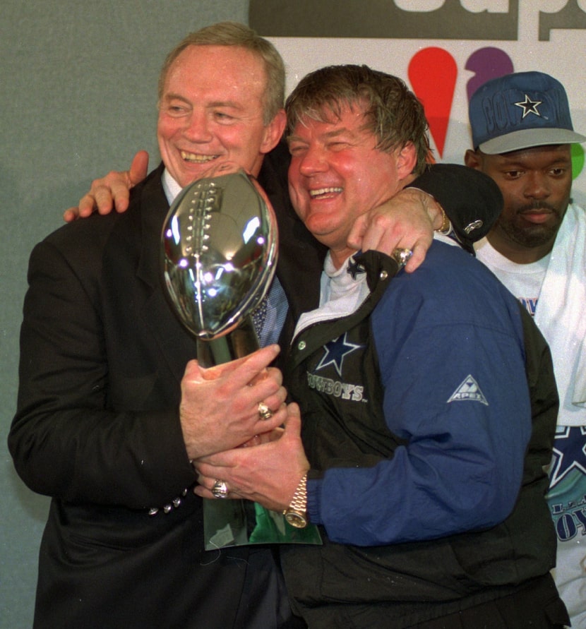 FILE - In this Jan. 30, 1994 file photo, Dallas Cowboys owner Jerry Jones, left, and coach...