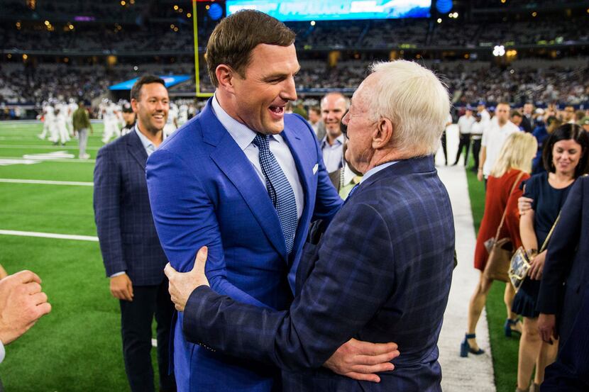 Former Dallas Cowboys tight end Jason Witten hugs Dallas Cowboys owner Jerry Jones before an...