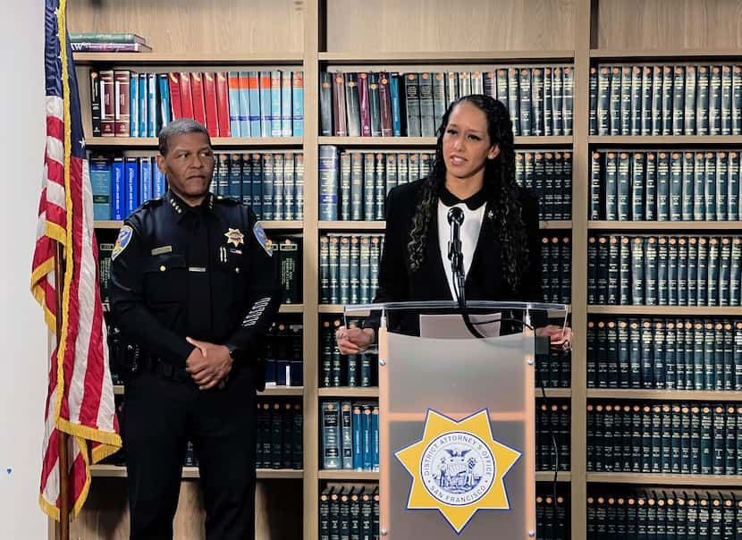 San Francisco District Attorney Brooke Jenkins addresses reporters at a news conference with...