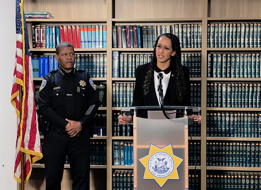 San Francisco District Attorney Brooke Jenkins addresses reporters at a news conference with...