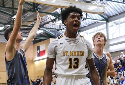 St. Mark's Harrison Ingram (13) celebrates after scoring against Houston Christian during...