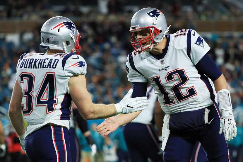 MIAMI GARDENS, FL - DECEMBER 11:  Rex Burkhead #34 celebrates his touchdown with  Tom Brady...