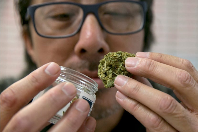 Joseph Hough, an employee at the Canna Care medical marijuana dispensary, displays a...