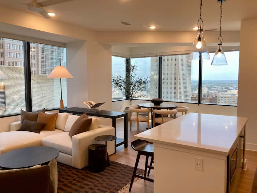 A corner living area in the new Peridot Apartments at downtown Dallas' Santander Tower.