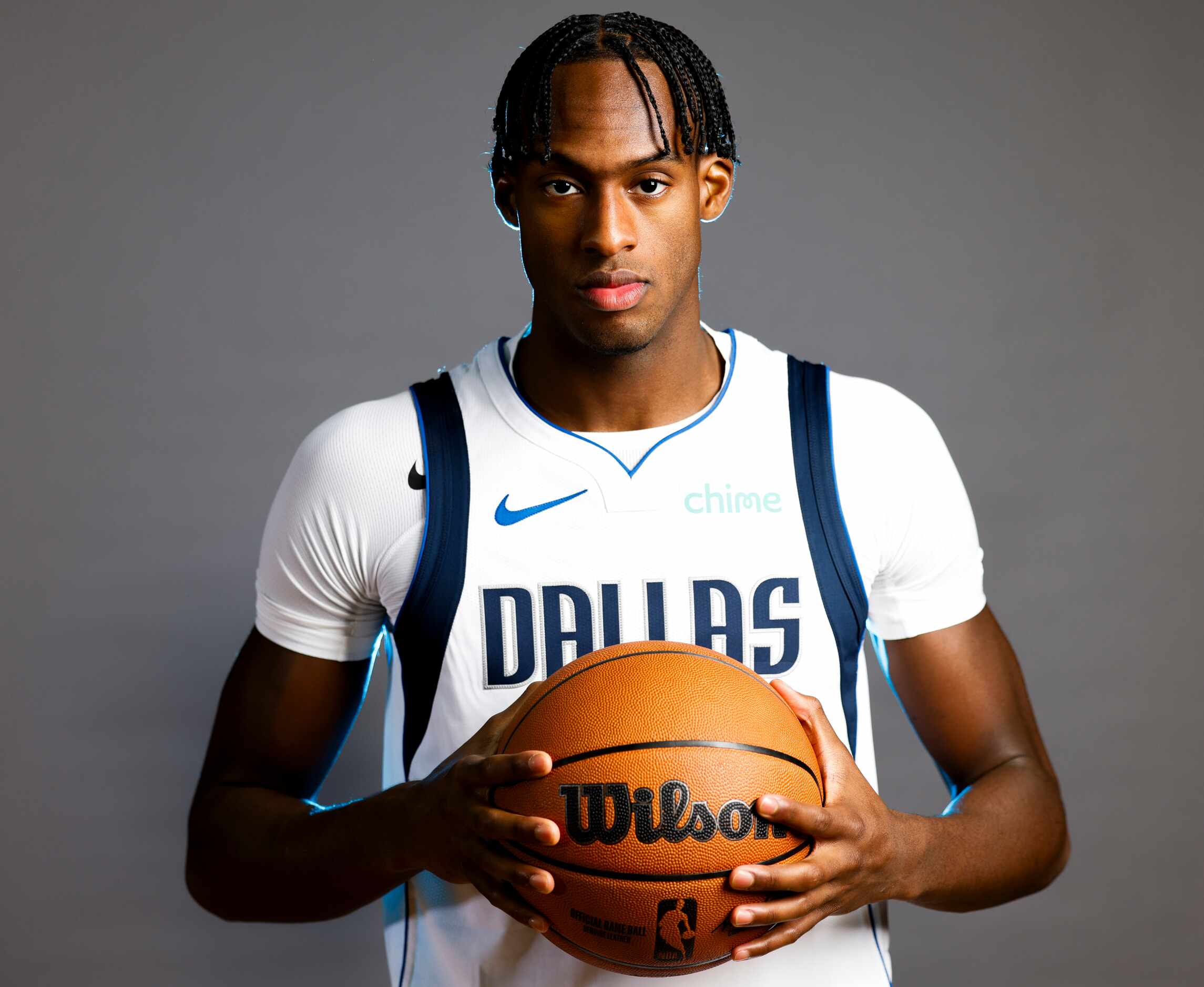 Dallas Mavericks’ Olivier-Maxence Prosper poses for a photo during the media day on Friday,...