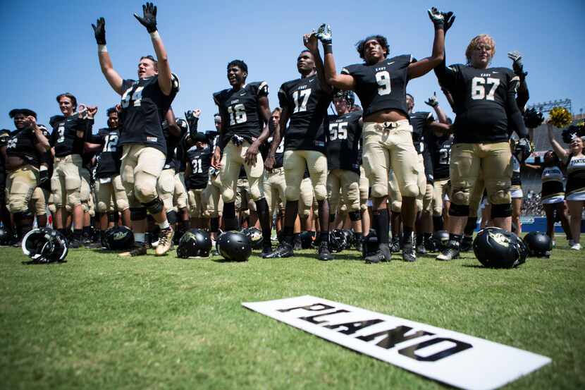 Plano East celebrates their victory over the Jesuit Rangers in the Prep Showcase on Sept....