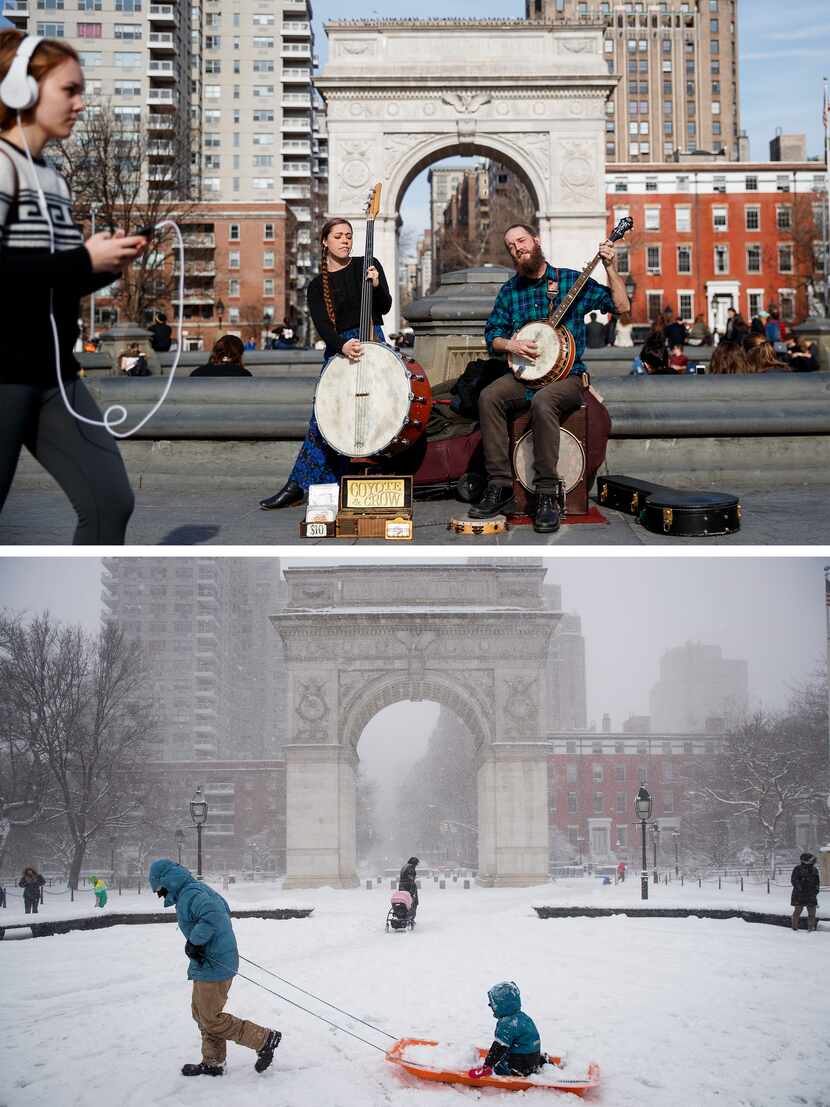 (TOP PHOTO) Jamie and Thomas Kopie play music in Washington Square Park, February 8, 2017 in...