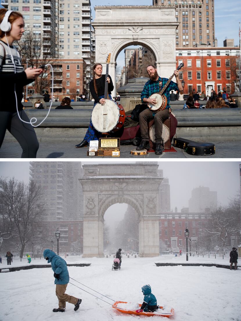 (TOP PHOTO) Jamie and Thomas Kopie play music in Washington Square Park, February 8, 2017 in...