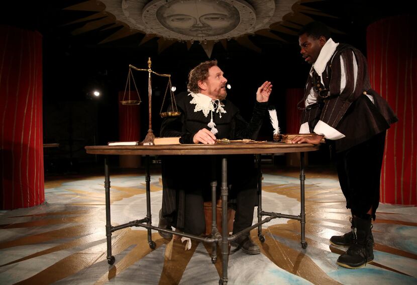 Bruce DuBose (left), plays Galileo, talking to his student, Andrea, played by Christopher...