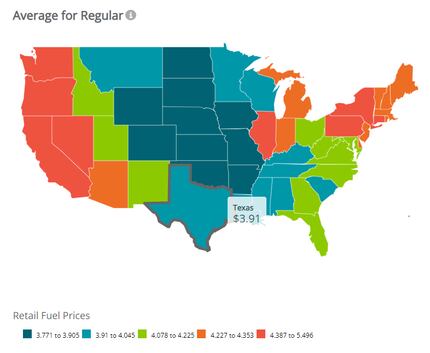Gas prices across the United States as of Tuesday evening.