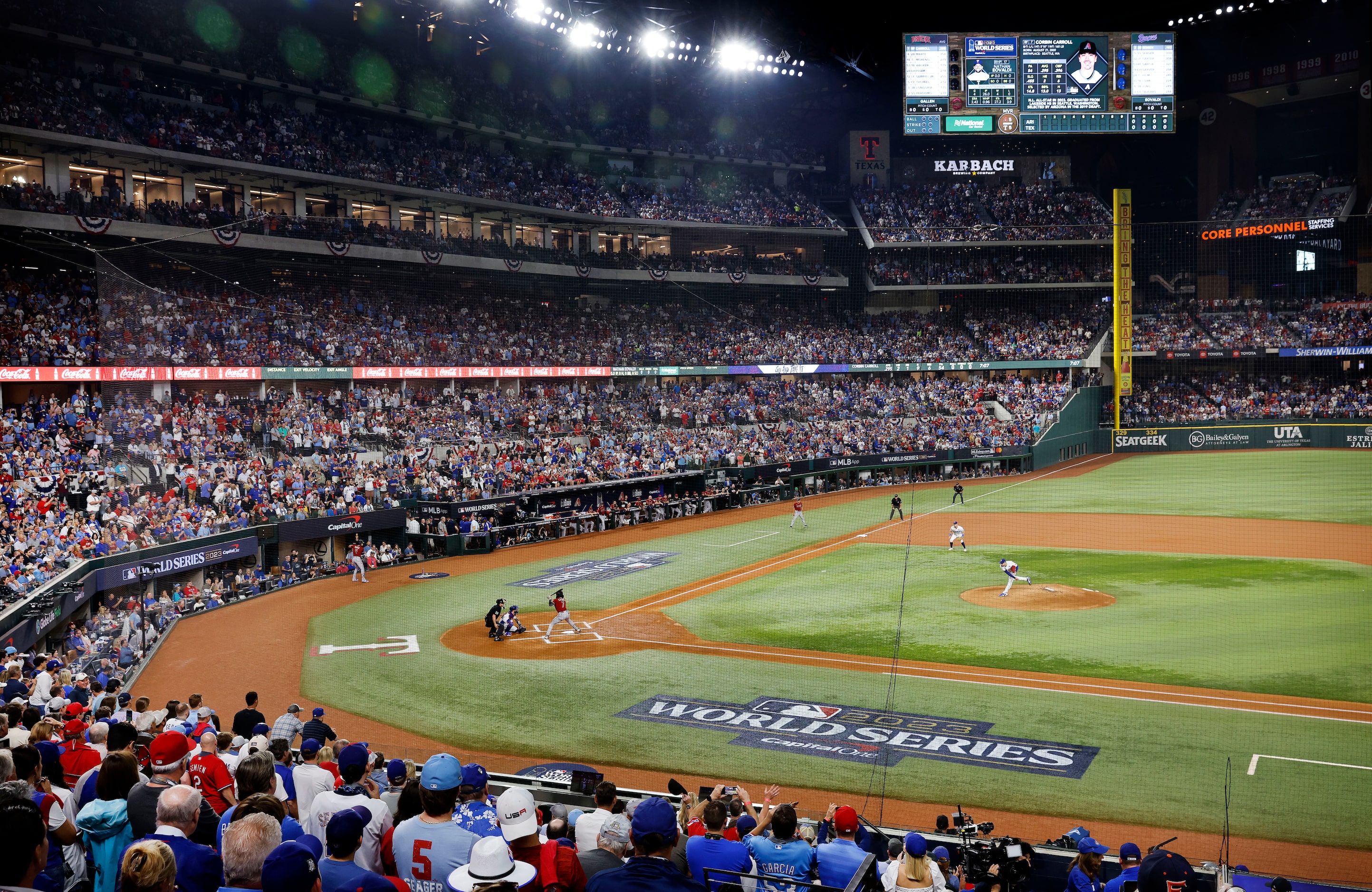 Starting pitcher Nathan Eovaldi throws the Texas Rangers first World Series pitch inside...