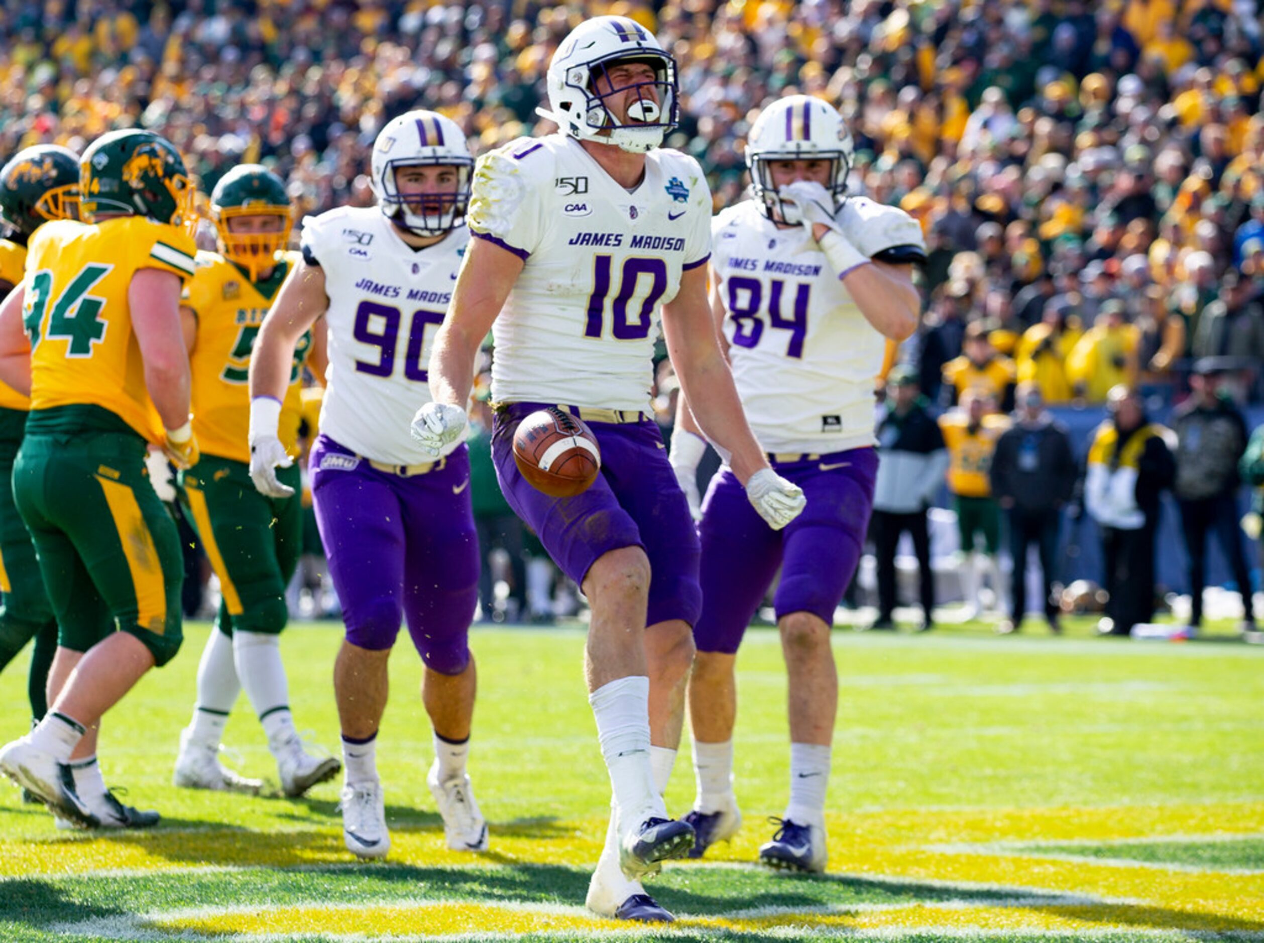 James Madison Dukes wide receiver Riley Stapleton (10) celebrates after scoring a touchdown...