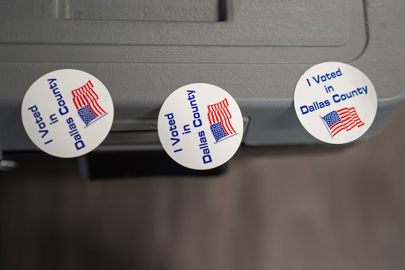 "I voted" stickers at the Dallas county elections training/warehouse facility in Dallas,...