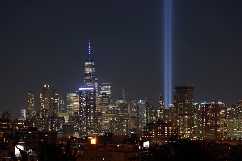 The annual Tribute in Light is illuminated on the skyline of lower Manhattan on the 18th...
