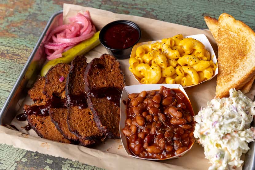 VBQ Smokehouse, a restaurant in Fort Worth, serves vegan barbecue. Here's "brisket" made...