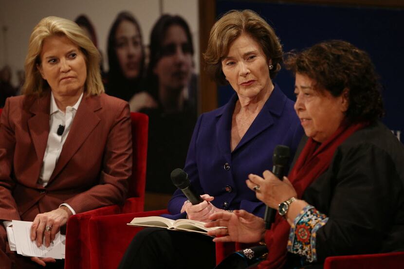 (From left) Moderator Greta Van Susteren, Former First Lady Laura Bush and humanitarian...