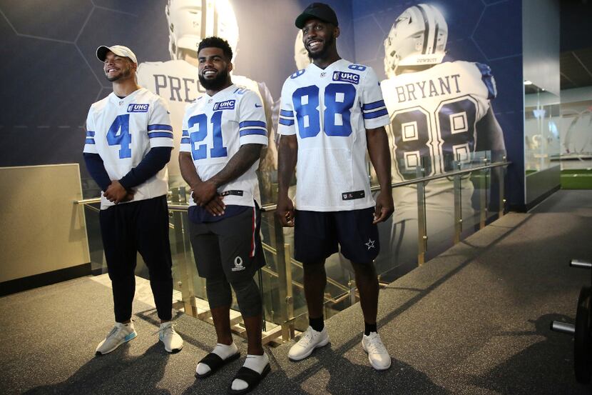 (From left) Dallas Cowboys quarterback Dak Prescott, running back Ezekiel Elliott and wide...