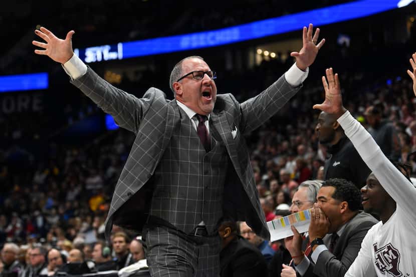 Texas A&M coach Buzz Williams reacts during the first half of an NCAA college basketball...